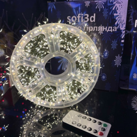 Гірлянда мішура (феєрверк) 1800LED, 60м, USB+пульт, зелений дріт, колір теплобілий