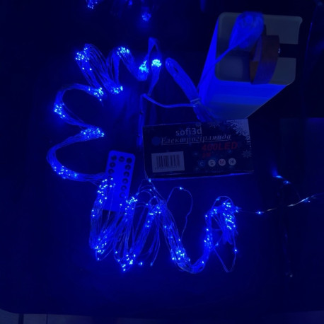 Гірлянда Роса “Кінський хвіст” 300LED 3м, 10 ниток, срібний дріт, від USB, колір синій